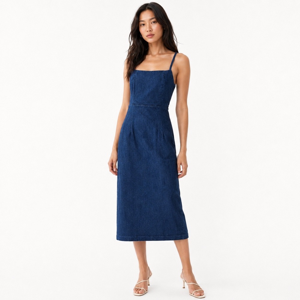 Jason Wu Denim Midi Dress Women Small Blue Square Neck Stretch Sheath Minimalist